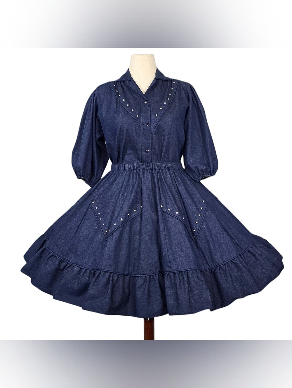 1970s Vintage Western Square Dancing Skirt & Blouse Matching 70s Set Large Denim